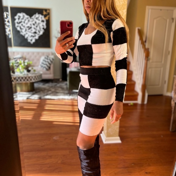 Black & White Make a Move Fuzzy Sweater Skirt Set by Fashion Nova - Picture 11 of 12